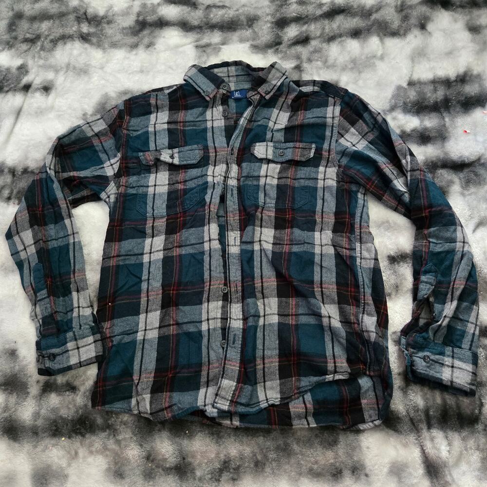 George Men’s Flannel Shirt Teal Black Rust Plaid Button‑Up Long Sleeve Medium